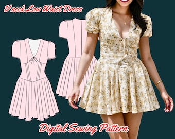 Dress Sewing Pattern, Plunge Neck, Puff sleeve, Short Dress, Sundress, XS-3XL, Pleated Skirt, Low Waist