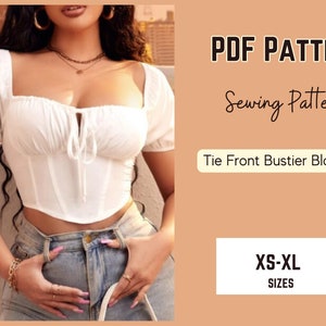 Może przedstawiać: Wzór szycia białej bluzki bustier z wiązaniem z przodu. Wzór obejmuje rozmiary XS-XL. PDF Pattern Sewing Pattern Tie Front Bustier Blouse XS-XL SIZES
