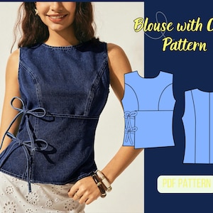 Side Tie Bluse Schnittmuster: Ärmelloses Top, Denim-Stoff, DIY XS-3XL PDF Pattern, Front Overlap, Bluse mit Cape