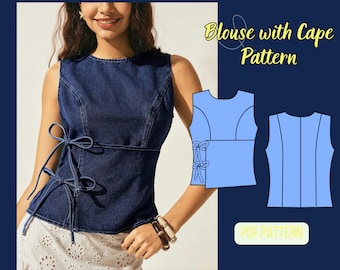 Side Tie Blouse Sewing Pattern: Sleeveless Top, Denim fabric, DIY XS-3XL PDF Pattern, Front Overlap, Blouse with cape