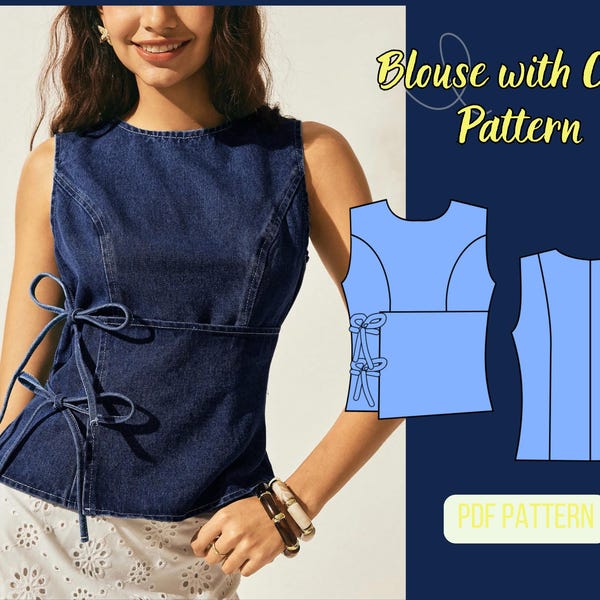 Side Tie Blouse Sewing Pattern: Sleeveless Top, Denim fabric, DIY XS-3XL PDF Pattern, Front Overlap, Blouse with cape