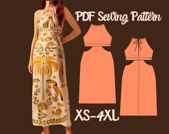 Halter Neck  Midi Dress Sewing Pattern: A-Line, Hollow Side, Beach Dress Pattern (PDF XS-4XL)