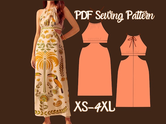 Halter Neck Midi Dress Sewing Pattern: A-Line, Hollow Side, Beach Dress  Pattern (PDF XS-4XL)