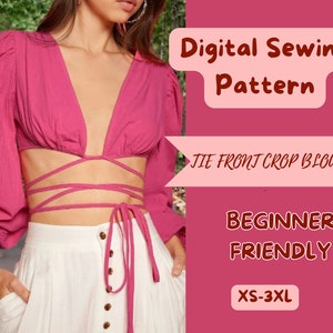 Tie Front Crop Top Sewing Pattern: Bishop Sleeve Blouse, No Zipper, Easy to sew (PDF Pattern XS-3XL)