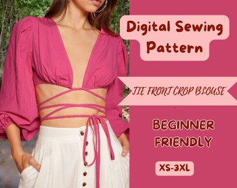 Tie Front Crop Top Sewing Pattern: Bishop Sleeve Blouse, No Zipper, Easy to sew (PDF Pattern XS-3XL)