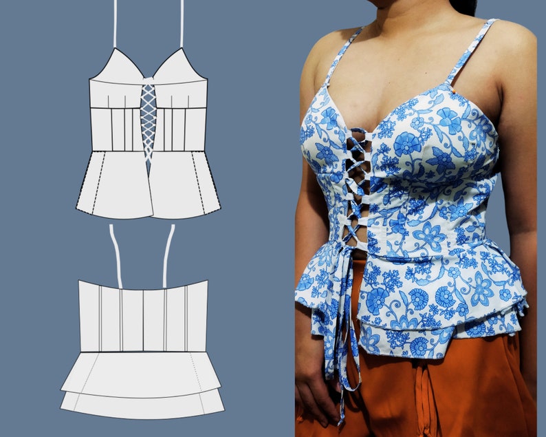 May include: A white and blue floral print top with a lace-up front and a ruffled bottom. The top has thin straps and a sweetheart neckline.