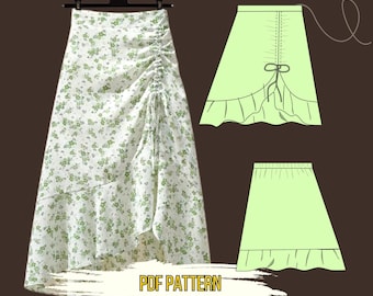 Drawstring Skirt Sewing Pattern, PDF Template,Ruffle Hem, Elastic Back A-line Pattern, XS-4XL, Asymetrical