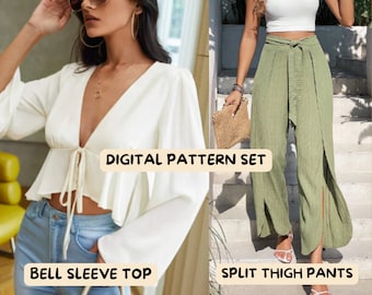 Bell Sleeve Top & Split Thigh Pants Sewing Pattern (PDF Pattern)
