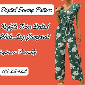 Könnte beinhalten: Digitales Schnittmuster für einen weiten Jumpsuit mit Rüschenbesatz und Gürtel. Das Schnittmuster ist anfängerfreundlich und in den Größen XS-4XL erhältlich.