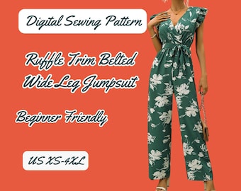 Ruffle Sleeve Jumpsuit Sewing Pattern: Wide Leg, Belted , zipper on back, Front overlap. PDF XS-4XL Sizes