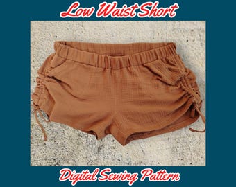 Low Waist Short Pants, Sewing pattern, Easy to sew template, XS-4XL,Drawstring side, Elastic waist