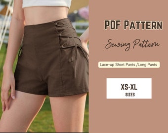 high waist short Pattern plus lace up Wide Leg Pants pattern Zipper back Digital sewing Pattern XS-XL