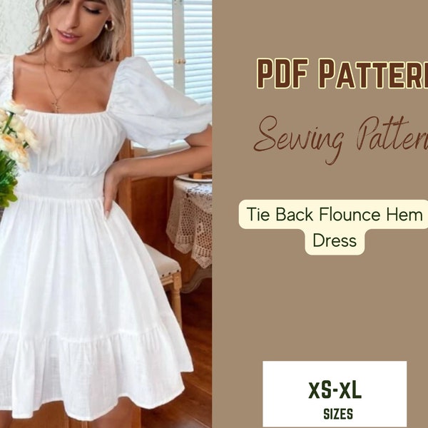 Flounce Tiered Dress, Digital Sewing Pattern, Mini Dress Puff sleeve  xs-xxxl Teen Dress Pattern, Cottagecore dress, Short Dress Open Back
