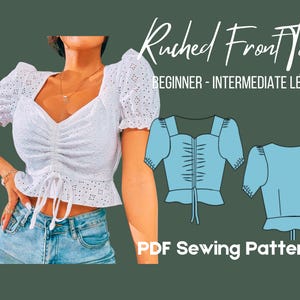 ペプラムブラウスの縫製パターン、タイフロント、パフスリーブ、ティーン服DIY、バックジッパー、（PDFパターンXS-4XL）