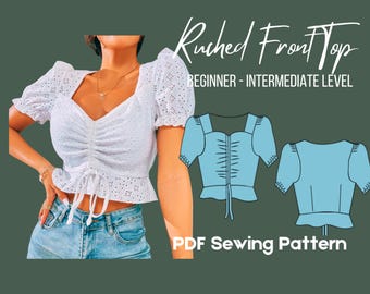 Blouse Pattern, Summer top, Peplum Hem, Crop, Ruched Tie Front, PDF Pattern, XS-4XL, Short Sleeve,