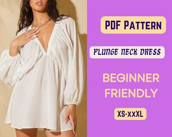 Deep V Neck Smock Dress Sewing Pattern: Bishop Sleeve, Tie Back (PDF Pattern)