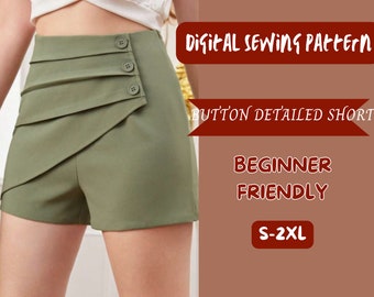 High Waist Shorts Sewing Pattern: Button Front, S-2XL  PDF Download, Overlap Cover Front, Lady, Woman Short Pattern