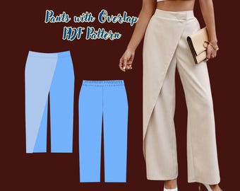 Pants with overlap Sewing Pattern XS-4XL: Straight Leg Trouser, Woman Bottom Cape Style (PDF Download A4)