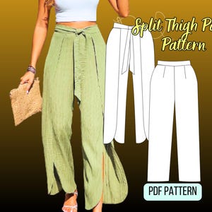 Wykrój do szycia spodni z wysokim stanem: szerokie spodnie palazzo z dołem w kształcie tulipana (cyfrowy rozmiar XS-XXXL), rozcięcie na udzie, zamek błyskawiczny z boku, wiązanie z przodu