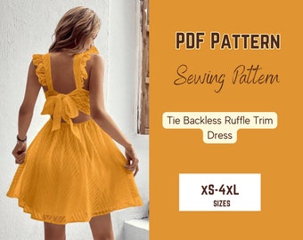 Backless Tie-Back Dress Pattern: Ruffle Sleeve A-Line (PDF Sewing XS-4XL)