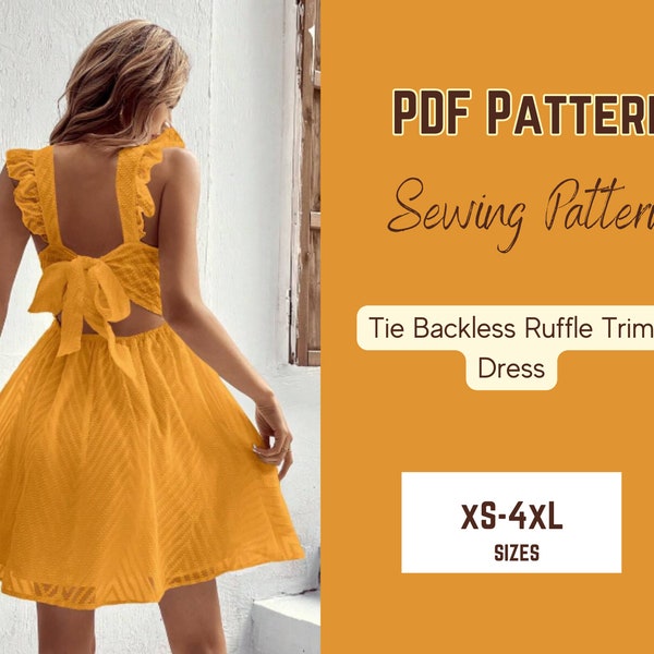 Tie Backless Dress Pattern Ruffle Sleeve Trim A-line PDF Sewing XS-4XL Woman Mini Vacation Wear lace fabric