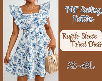 Ruffle Sleeve Dress Sewing Pattern, PDF download , XS-4XL, Tier Skirt , Midi Lenght
