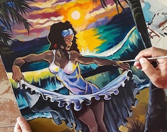 Atardecer de Bomba by Obed Gomez Original Painting - Puerto Rican Decor Puerto Rico wall art Caribbean art Cultura puertorriqueña