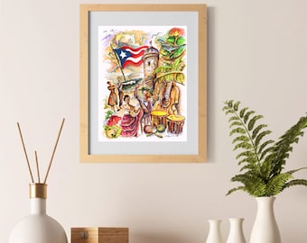 Puerto Rico Wall Art Puerto Rican Flag Puerto Rican Gift Isla del encanto Borinquen Coqui and Flag Jibaro Art Patria Art Print by Obed Gomez