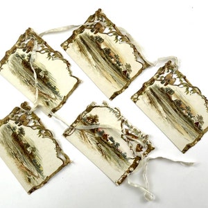 Vintage Cards on Ribbon (5) White & Gold Farm House w/ Birds