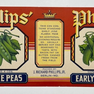 Rare Antique Can Label Phillips&#39; Alaska Early June Peas 11 x 4.25 Inches
