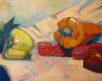 Bell Pepper Still Life Oil Painting, Kitchen Art, 15.74x26.77"