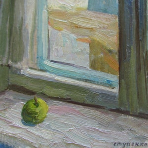 Peinture à l'huile de pomme, peinture de nourriture, peinture de fruits, nature morte avec des fruits, pomme rouge, peinture de fenêtre