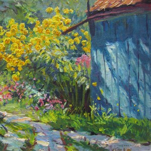 Un arbusto amarillo floreciente, pintura de jardín, arbusto floreciente, floración primaveral, pintura de jardín, pintura floreciente