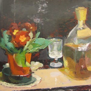 Naturaleza muerta con flores, Naturaleza muerta con botellas, Decoración de cocina y cafetería, Pintura de naturaleza muerta con botellas de vidrio, Arte de pared original para cocina