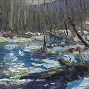 Pintura a óleo de primavera, Paisagem de rio, Pintura de neve, Arte de parede de Natal, Cena de neve, Pintura de paisagem
