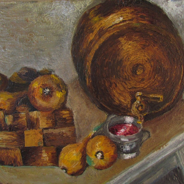 Still life with a barrel of wine, Kitchen art, Ukrainian fine arts, art decor, Basket with onions