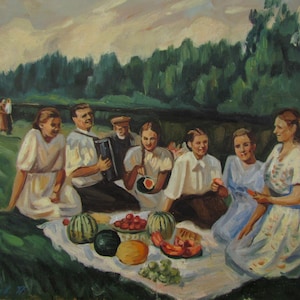 Pessoas pintando piquenique, Pessoas no prado, Mulher homem, Pintura de melancia, Pintura de acordeonista, Encontros noturnos, Aproveitando um piquenique
