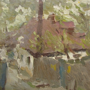 Frühlingsmalerei, Hausmalerei, Landhaushauslandschaft, Ukrainische Kultur, ländliche Malerei, Ukraine-Haus, Ukrainische Landschaft