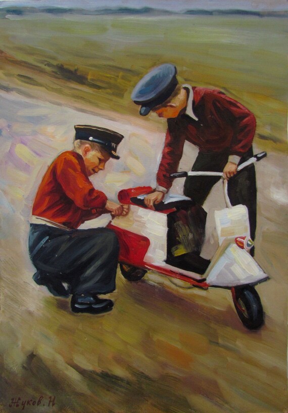 Two Boys and a Scooter Red Moped Painting Moped Wall Art Etsy