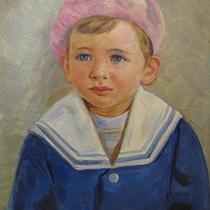 Retrato de um menino com uma boina rosa, pintura a óleo, menino com uniforme de marinheiro, arte de pintura a óleo infantil vintage, pintura a óleo de marinheiro