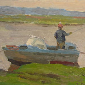 Vintage vissersportret, zomerlandschap, boten op de rivier schilderij landschap, landschap olieverfschilderij Oekraïne, cadeau vissers, woondecoratie