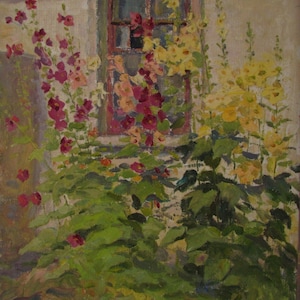 Pintura de malva roja, pintura de flores, pintura de malvarrosas, flores de malva, malva en flor, flores de verano, arte floral, hermosas flores