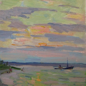 Landscape with a boat, Sea painting, Regatta painting, Sailing blue painting