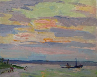Landschaft mit einem Boot, Meeresmalerei, Regattamalerei, Segelblaumalerei