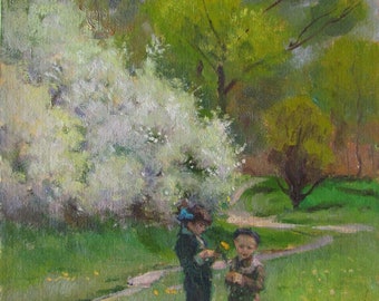Due bambini in una passeggiata, Pittura vintage, Arte figurativa, Ritratto di bambino, Pittura in un giorno d'estate, Ritratti di bambini ucraini