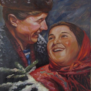 Retrato masculino y femenino, pintura de personas enamoradas, pintura de pareja romántica, realismo socialista