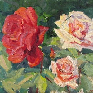 Pintura a óleo de rosas, Arte de rosas vermelhas, Flores vermelhas, Pintura de botões de rosas, Rosas vintage