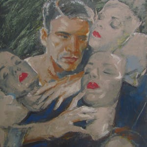 Los hombres cambian de máscara, retrato de un hombre joven, hombre joven, pintura de Maks, labios rojos, arte del retrato, retrato de hombre, retrato vintage,