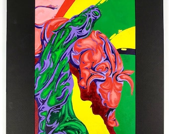 Original Bold & Vibrant Acrylic Painting on Paper of a Bull and Horse