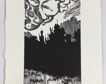 Original, Whimsical, Fairytale Castle, Wood Engraving Print on Paper